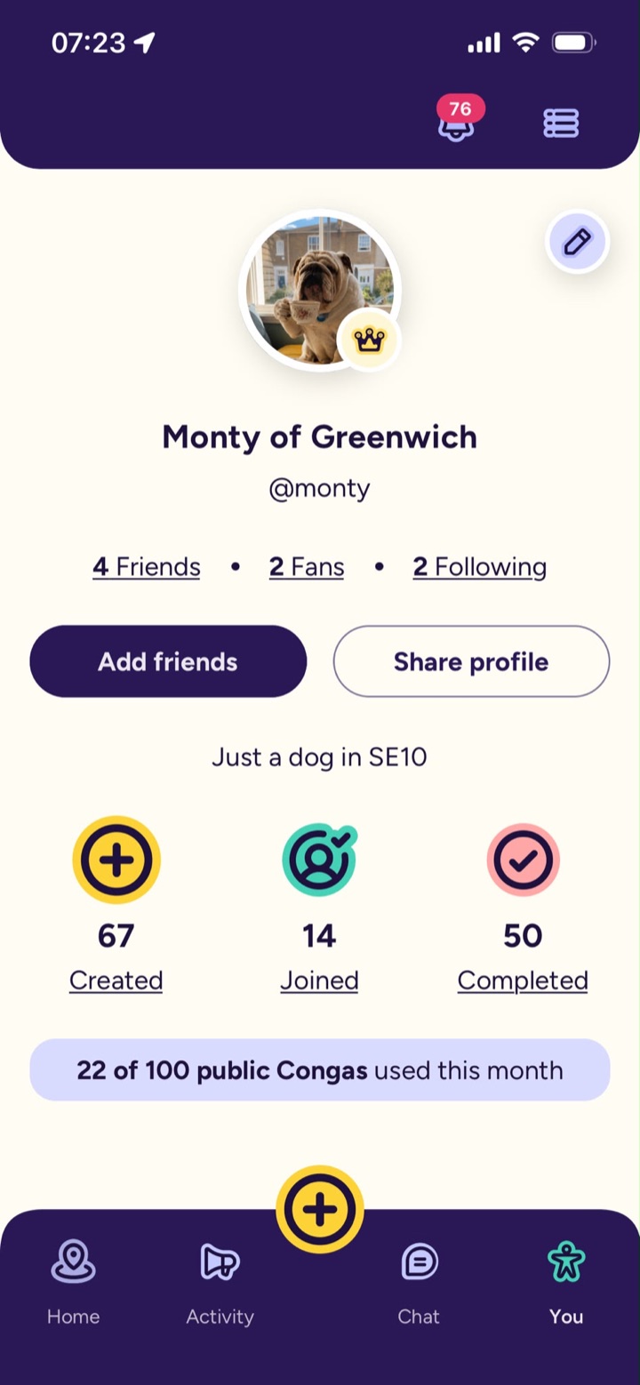 Your Conga profile screen. Tap You on the bottom bar, then the menu icon in the top right.