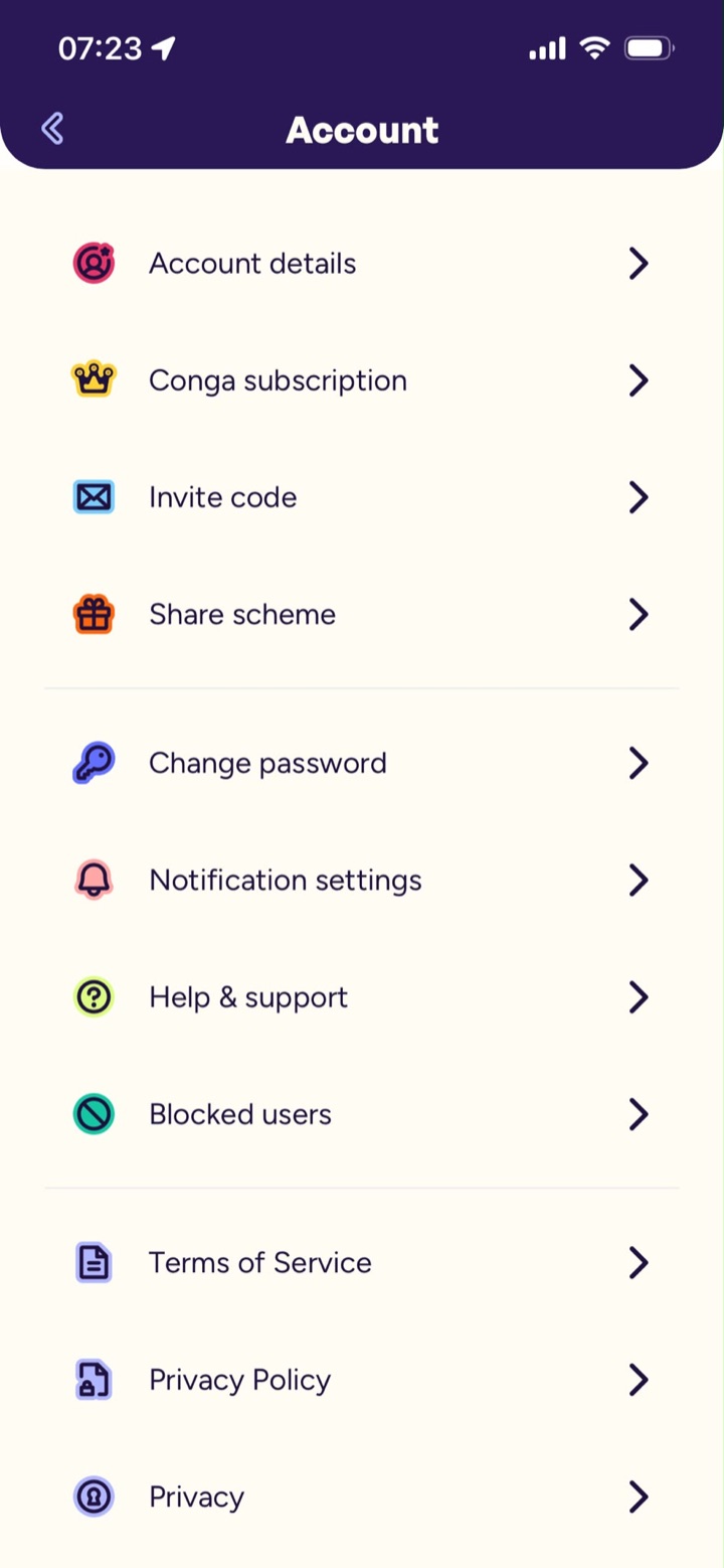 The Account settings list. Tap Account details at the top.