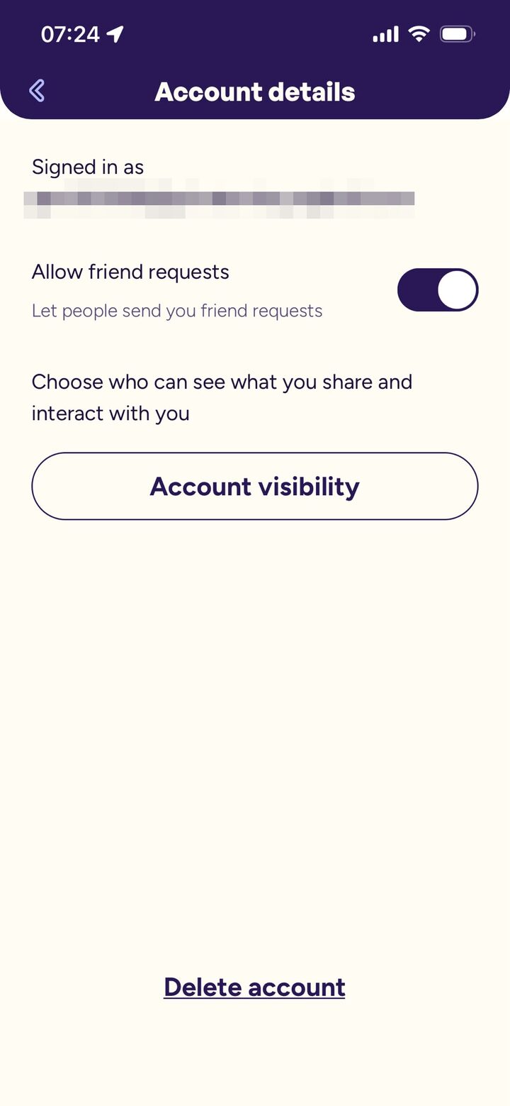 The Account details screen. Scroll down and tap Delete account.